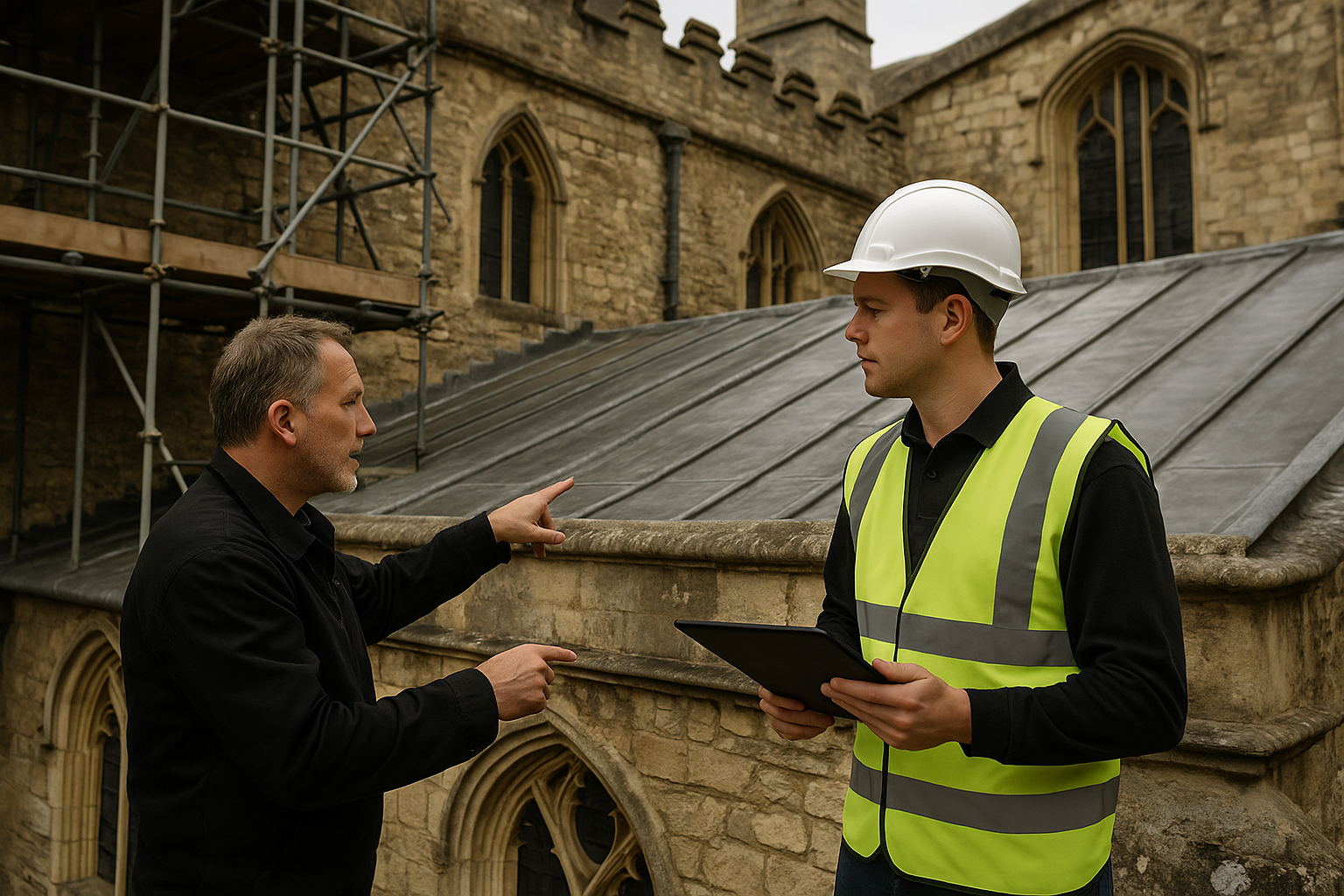 A man chatting to another about work about to be done on a roof. The worker is holding an ipad.