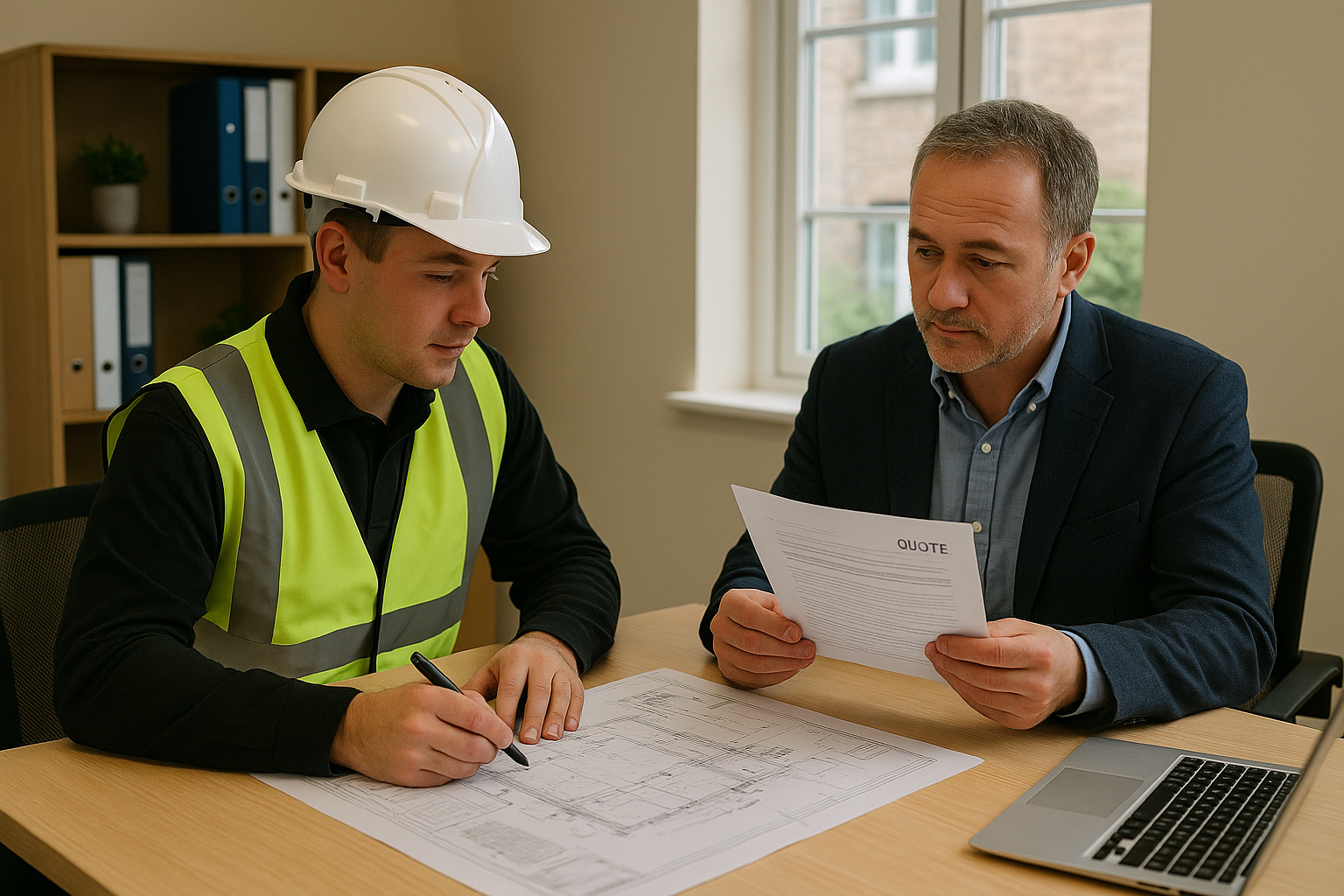 Two men discussing plans, one is a leadwork roofer.