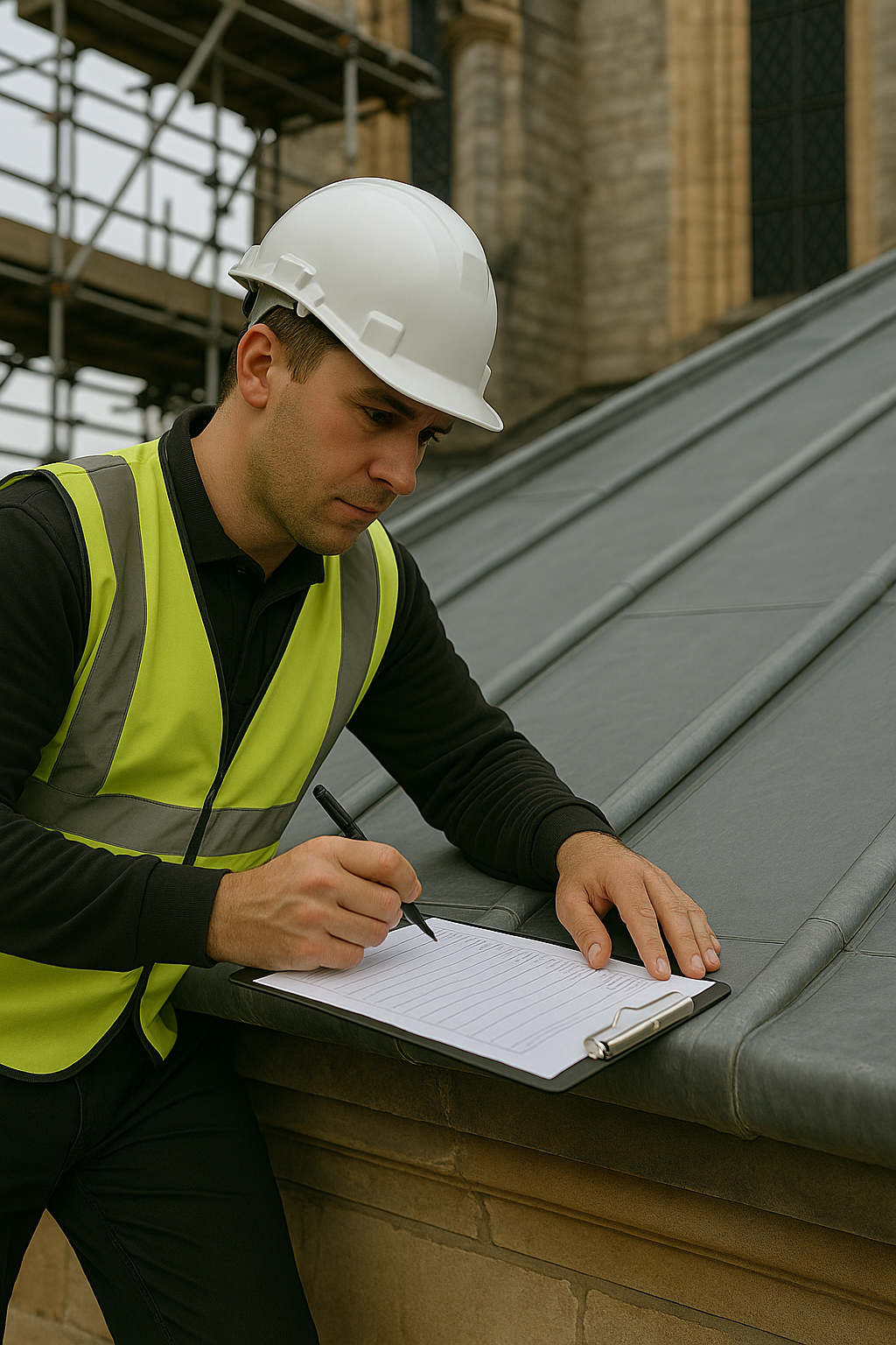A man holding a clipboard with a helmet on a roof.