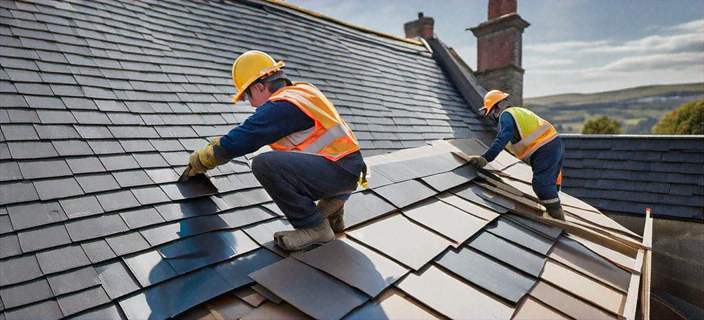 People doing roofing work on top of a house, two men are wearing yellow helmets bent down working.