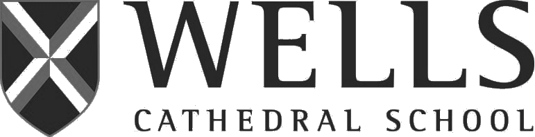 Wells Cathedral logo, that text is to the right with a box shield background with a white x going through it